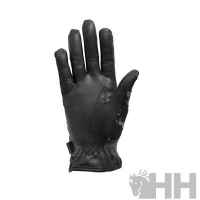 Luva preta com padrão camuflado e elástico no pulso