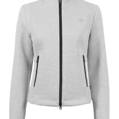 Casaco cinza claro com fecho de correr preto e gola alta