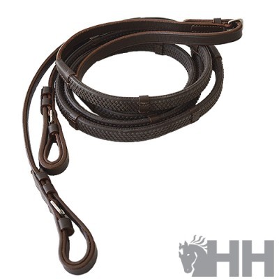 Rédeas de couro castanho escuro com textura trançada e presilhas