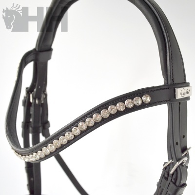 Cabeçada de cavalo preta com cristais e placa Equs
