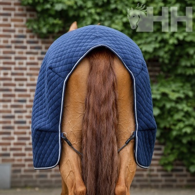 Manta acolchoada azul para cavalo vista de costas com fundo de parede de tijolos e vegetação