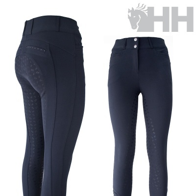 Calças pretas de equitação com zonas antiderrapantes e dois botões na cintura