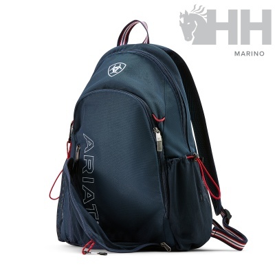 Mochila azul marinho com alças riscas e bolsos em rede