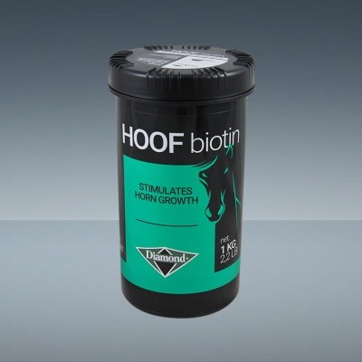 Frasco preto de suplemento HOOF biotin com etiqueta verde e preta
