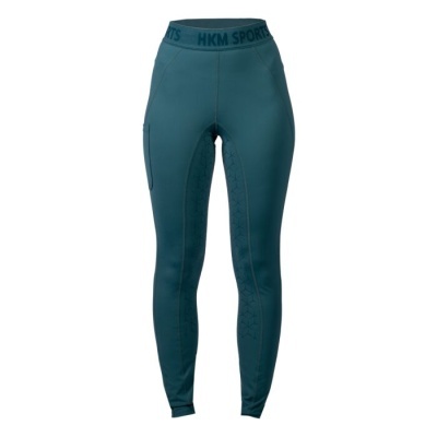 Calças leggings desportivas HKM SPORTS verde-azul com padrão geométrico e bolso lateral