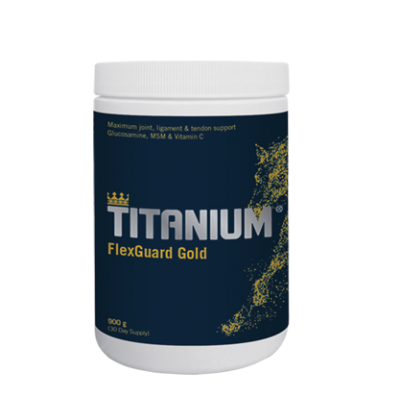 Frasco branco de suplemento Titanium FlexGuard Gold com rótulo azul e texto cinza e amarelo.