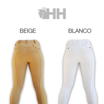 Calças justas de equitação bege e branca vistas por trás com logotipo HH acima