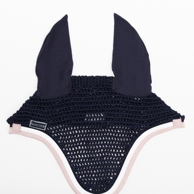 Touca para cavalo azul escura com bordas rosa claro e a marca MARCOUS