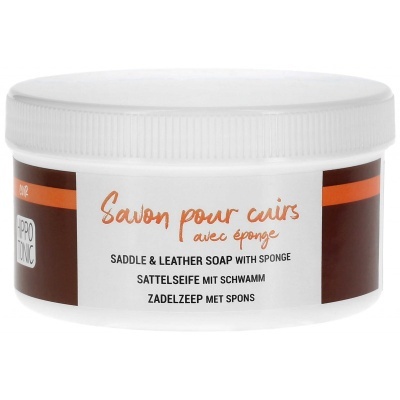 Frasco de sabonete para couro com esponja, rótulo multilingue