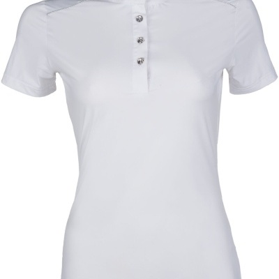 Polo branco feminino com gola alta e botões prateados