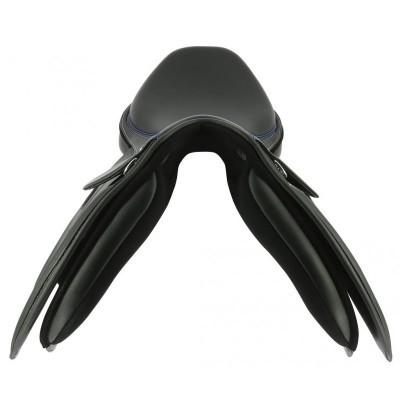 Selim de equitação preto em couro com costuras azuis visto de cima