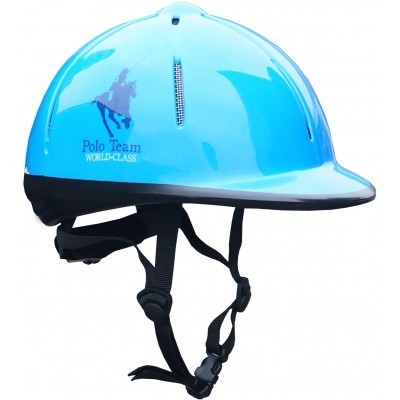 Capacete azul para equitação com tiras negras e logo Polo Team WORLD-CLASS