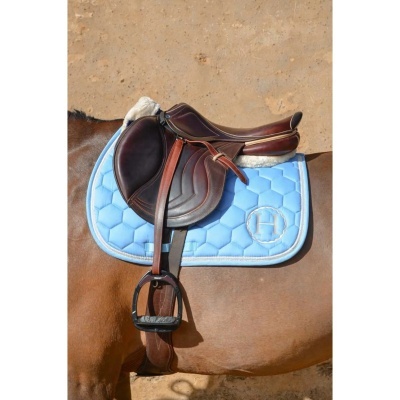 Selim castanho escuro sobre mantilha azul clara em cavalo castanho