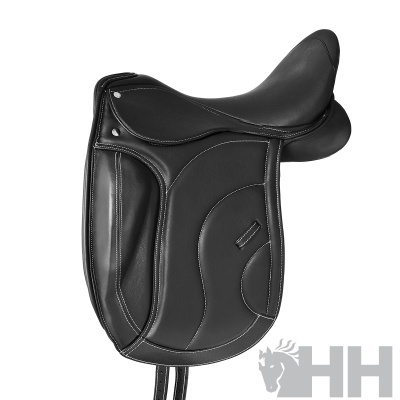 Selim de equitação preto com costuras brancas e design acolchoado