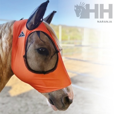 Máscara de proteção laranja com rede preta para cavalo
