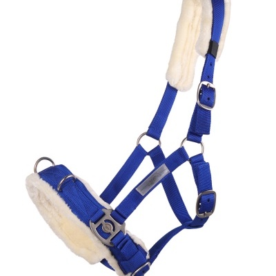 Cabresto azul em nylon com almofadas acolchoadas brancas para cavalo