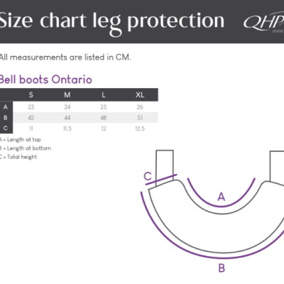 Tabela de tamanhos para Bell boots Ontario com medidas A, B, C em cm e legenda.