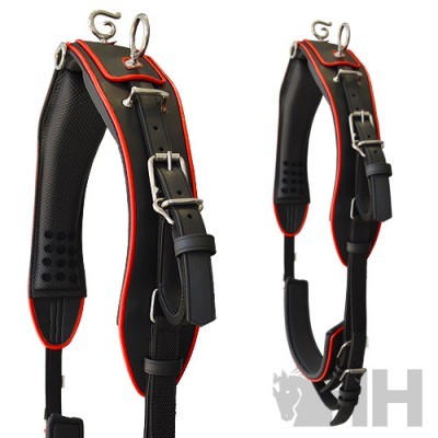 arnês para equitação preto com bordas vermelhas e fivelas metálicas