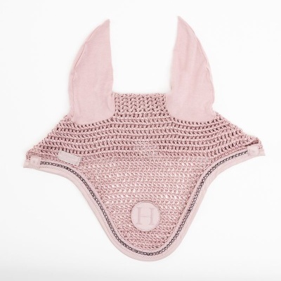 Protetor de orelhas para cavalo rosa em croché com borda e letra H bordada