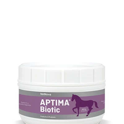 Frasco branco do suplemento VetNova APTIMA Biotic para cavalos com etiqueta cinza e roxa