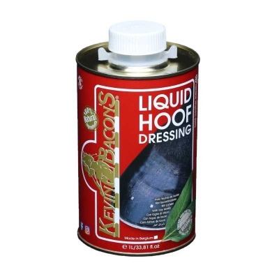 Frasco metálico vermelho com tampa branca e etiqueta LIQUID HOOF DRESSING