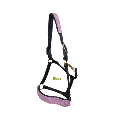 Cabresto de cavalo preto com detalhes cor-de-rosa e fivelas douradas