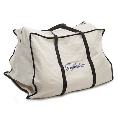 Mala de tecido branco com alças e pespontos pretos e logótipo azul Lexhis