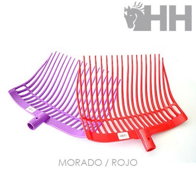 Dois ancinhos de plástico roxo e vermelho sobre fundo branco, com texto MORADO / ROJO