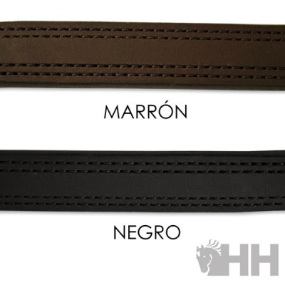 Tiras de couro castanhas e pretas costuradas com texto MARRÓN e NEGRO em fundo branco