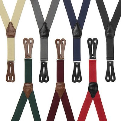 Cinco pares de suspensórios coloridos com detalhes em couro