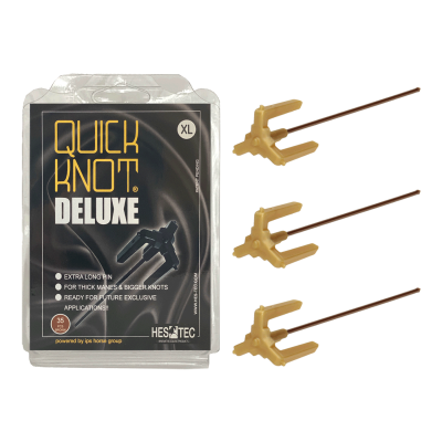 Produto Quick Knot Deluxe XL com três peças amarelas e embalagem preta