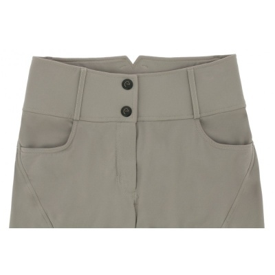 Parte superior de calças cinzentas com dois botões pretos e bolsos frontais