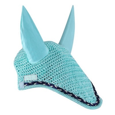 Touca de proteção para cavalo azul com orelhas em tecido e acabamento em cordão colorido