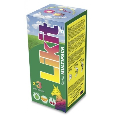 Embalagem de recargas LIKit Refill MULTIPACK com design colorido e imagens de frutas