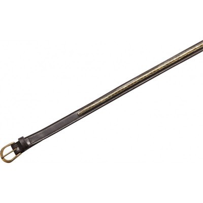 Cinto fino castanho com padrão dourado e fivela dourada