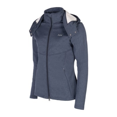 Casaco feminino azul escuro com capuz destacável e fecho frontal