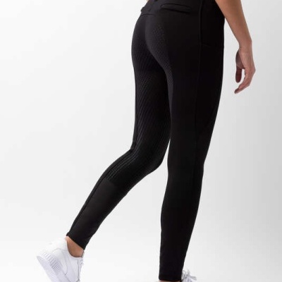 Leggings pretas com padrões texturizados e bolsos falsos