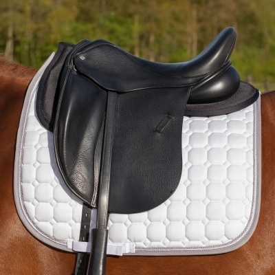 Sela de equitação preta em couro sobre manta branca em cavalo castanho