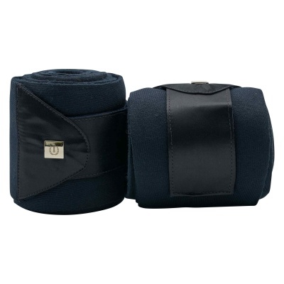 Par de ligaduras de tecido azul escuro com detalhe em couro preto