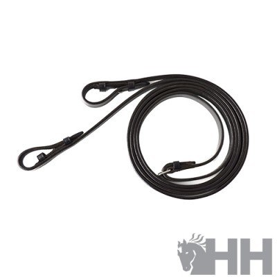 Correia preta longa com fivelas metálicas sobre fundo branco com logótipo HH