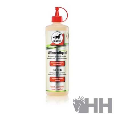 Garrafa plástica de líquido capilar leovet Mähnenliquid com tampa vermelha e rótulo com texto em alemão e inglês.