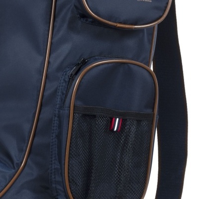 Bolsa de transporte azul escuro com bolsos e texto dourado