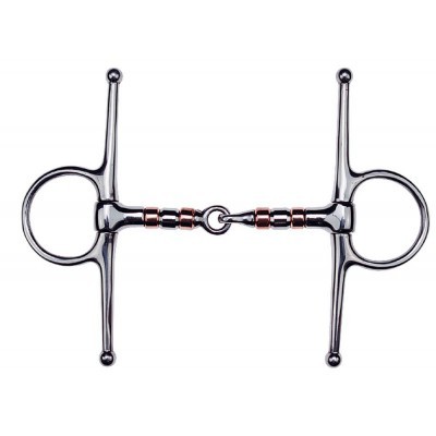 Freio metálico prateado com argolas e detalhes em cobre para cavalo