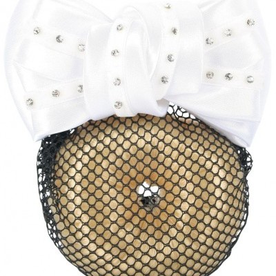 Acessório de cabelo com rede preta e laço branco com brilhantes