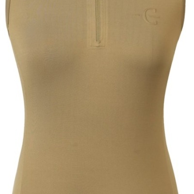 Polo feminino bege sem mangas com gola e fecho