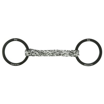 Freio para equitação com argolas pretas e peça central trançada preta e branca