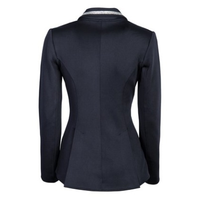 Blazer preto feminino visto de costas com gola prateada