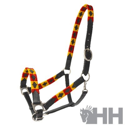 cabresto colorido para cavalo com tecido trançado e couro preto