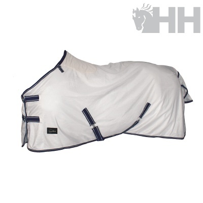 Cobertor para cavalo branco com detalhes em azul escuro e etiqueta Lexhis