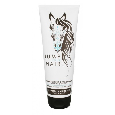 Frasco de shampoo Jump Your Hair com imagem estilizada de cabeça de cavalo e texto em francês e inglês